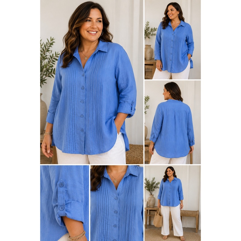 Kim Rogers 2X 100% Linen Pintuck Tunic Blouse Coastal Grandmother Blue